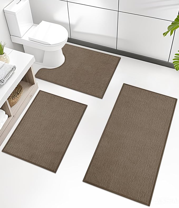 Chakme 3 Piece Bathroom Rug Sets, Ultra Thin Bath Mat, Absorbent & Quick Drying, Non Slip, Durable, Easy to Clean, Geometric Design, Coffee, 17" x 24" / 17" x 30" / 17" x 59"