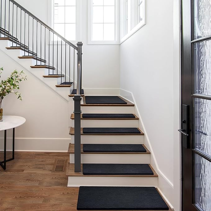 PURE ERA Carpet Stair Treads Ultra Plush 8 x 30 inch Soft Indoor Stair Protectors Pet-Friendly Non-Slip Skid Resistant Tape Free Washable Reusable(7 Pieces,Black)