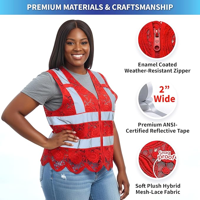 Lace-Mesh Safety Vest for Women & Men - Breathable, High Visibility Vest with Zipper & ANSI Class 2 Reflective Strips
