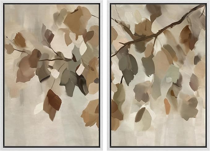 MUDECOR Framed Canvas Print Wall Art Set Abstract Leaf Branch Minimalist Nature-Inspired Beige and Brown Calm/Zen for Living Room, Bedroom, Office - 16"x24"x2 White