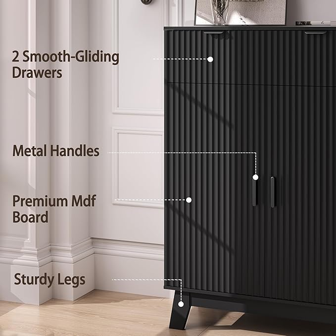 Fluted Shoe Cabinet, 4-Tier Mid Century Modern Narrow Shoe Storage Cabinet with Doors & 2 Drawers, Adjustable Shelves, Freestanding Hidden Shoe Rack Organizer & Wooden Legs for Entryway