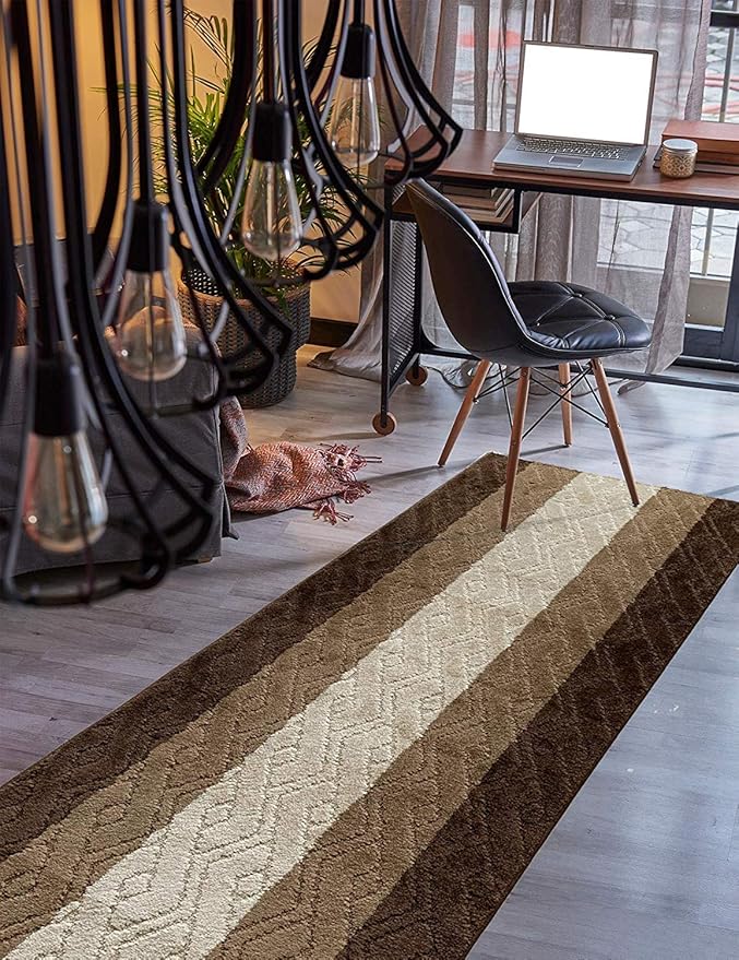 Custom Size Hallway Runner Rug Damask Brown Color 31 inch Wide Select Your Length Non-Slip (Skid Resistance) Rubber Backing 34 feet x 31 inch