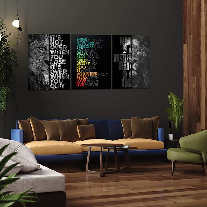 Motivational Office Wall Art Inspirational Canvas Wall Art Hustle Posters Wall Decor Print Entrepreneur Quote Wall Painting Picture 3 Pieces Artwork for Bedroom Home Decor Wooden Framed (36”Wx16”H)