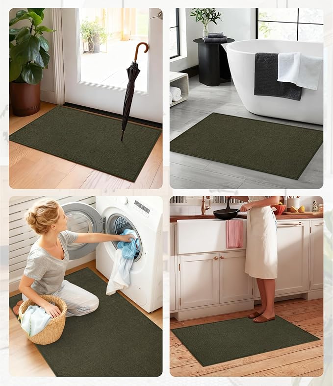 YIHOUSE Bathroom Rugs Mats Sets 5 Pieces, Ultra Thin Bath Mat Absorbent Non Slip Bath Rugs for Bathroom Washable, Shower, Sink, Laundry (Dark Green, 5 Pieces)