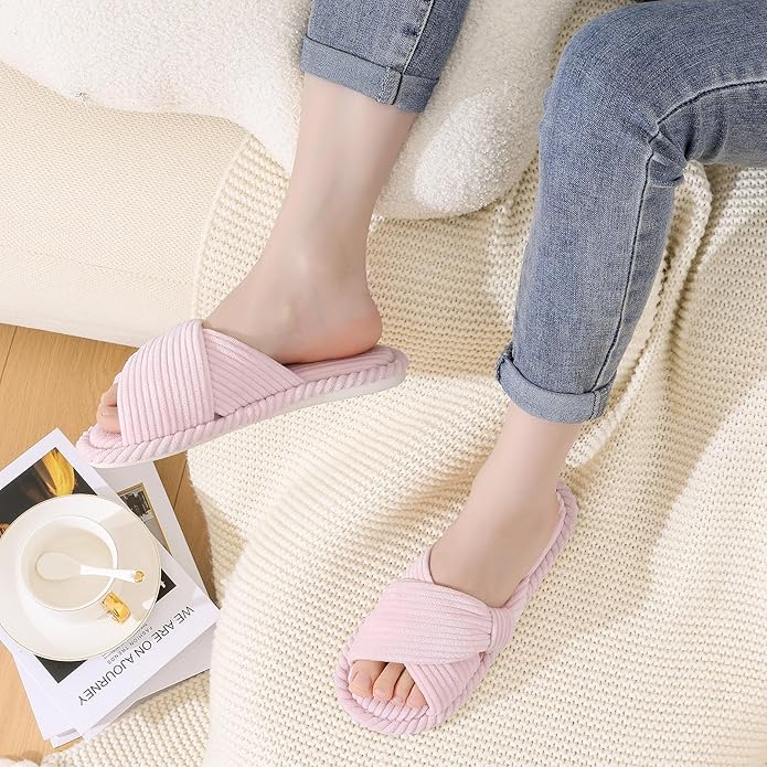 Evshine Fall House Slippers for Women Corduroy Cross Bow Indoor Slippers Open Toe Slip On Bedroom Shoes with Memory Foam