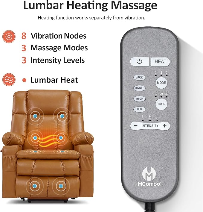 MCombo Dual Motor Large Power Lift Recliner Chair for Elderly, Lay Flat Lift Chair with Heat and Massage, Big Lift Recliner for Tall People, Faux Leather 7896 (Tawny, Large)