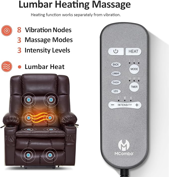 MCombo Dual Motor Large Power Lift Recliner Chair for Elderly, Lay Flat Lift Chair with Heat and Massage, Big Lift Recliner for Tall People, Faux Leather 7896 (Dark Brown, Large)