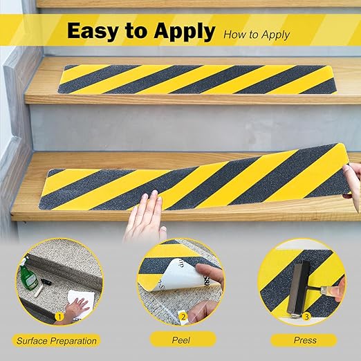 S&X S680 Anti Slip Stair Treads 6" x 24", 5-Pack Pre-Cut Black/Yellow Caution Non Slip Safety Tape Strips for Outdoor Stair Treads, Wooden Steps & Exterior Grips