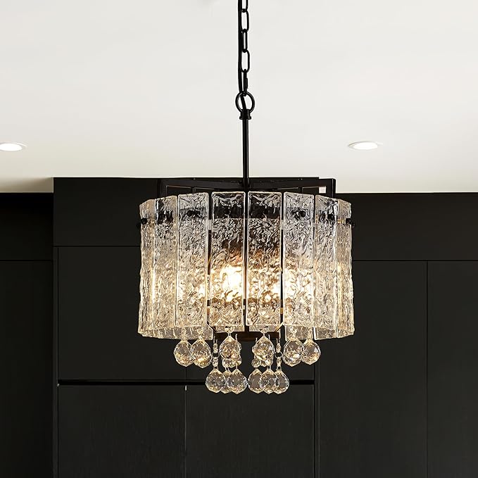13.4" Small 4-Light Modern Glass Chandelier Light Fixtures Mini Black 2-Tier Crystal Chandeliers for Dining Room Round Hanging Ceiling Pendant Lighting for Kitchen Island Entryway Hallway
