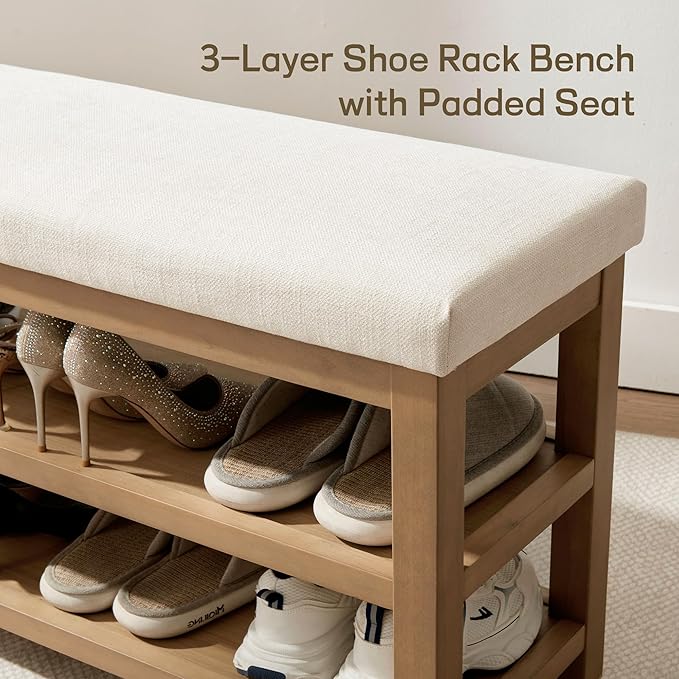 2 Tier Shoe Rack Bench with Cushion, Solid Wood Shoe Benches, Mid-Century Modern Shoe Storage Bench for Entryway, Hallway, Living Room, Closet, Front Door Entrance, (Beige, 46.5")
