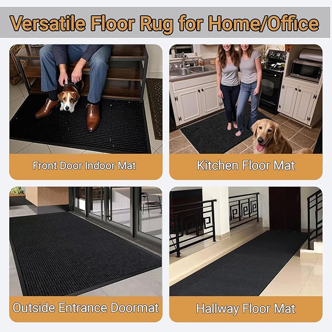 Indoor Outdoor Door Mat, 6'x3' Heavy Duty Large Non-Slip Waterproof Rubber Rug for Double Front Door Entrance, Welcome Floor Mats Carpet for Entryway Home Office School, Black 72" x 36"