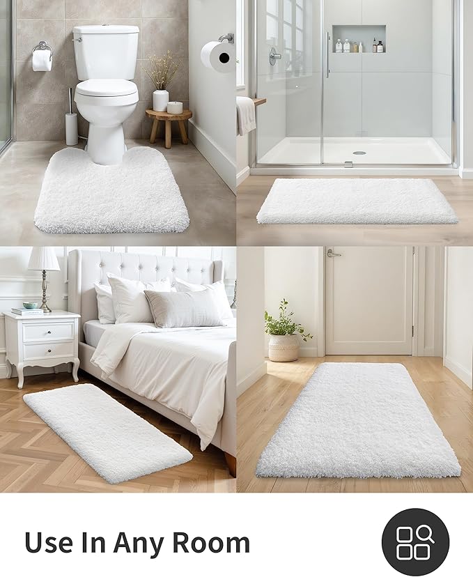 ILANGO White Toilet Rugs U Shaped 22" × 24" Non Slip & Super Absorbent Extra Thick Soft, Washable Bath Mats for Bathroom Floor, Microfiber Plush Shaggy Contour Bath Rugs for Toilet,Dry Quick