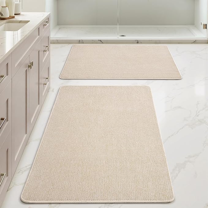 MIULEE Set of 2 Ultra Thin Bathroom Rugs, Rubber Bath Mats for Bathroom Non Slip, Quick Dry Absorbent Bath Rug Machine Washable, Fit Under Door, Shower, Sink, Home Decor, Light Beige, 24x36 Inch