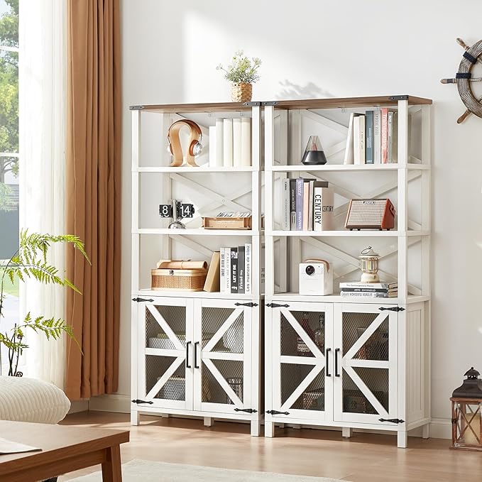 5 Tier Bookshelf 70" Tall Bookcase with Barn Doors,Large Farmhouse Display Book Shelf with Adjustable Shelves and Storage Cabinet，Library Wood Bookshelves for Living Room,Kitchen,White(3PCS)