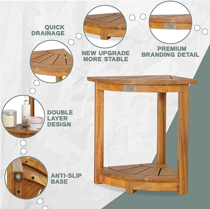 Acacia Wood Corner Shower Stool - Waterproof Triangular Bathroom Bench with Storage Shelf & Soap Dish for Shaving, Natural Wood (17.9x12.7x16.5)