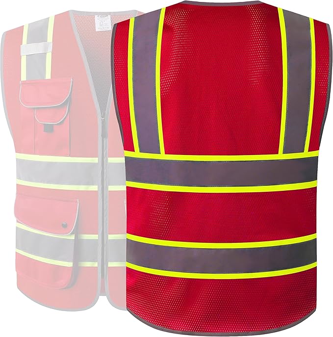 JKSafety 9 Pockets Hi-Vis Neon Red Zipper Front MESH Safety Vest with Fluorescent Yellow Extend Edge outlining the Reflective Tapes Meet ANSI/ISEA Class 2 Standard (100-Red, 3X-Large)