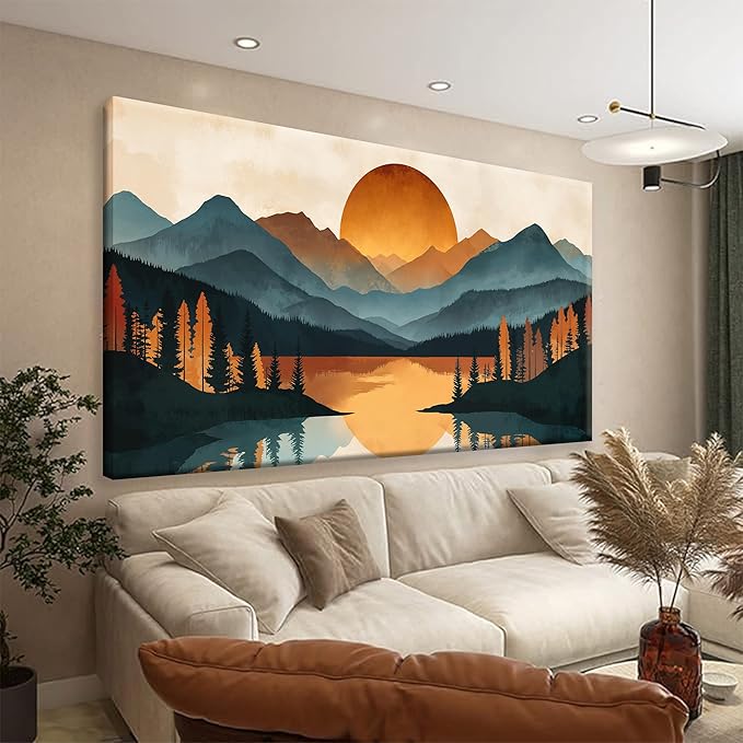 Colorful Mountain Boho Wall Art For Living Room Large Size Canvas Art Wall Decor For Office Modern Bedroom Decorations Forest River Landscape Pictures Paintings Artwork Mural Aesthetic Artwork 29 X 58 In