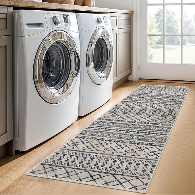 KUTA Moroccan Washable Hallway Runner Rug, 2x6 Non-Slip Vintage Light Brown Black Boho Rugs Kitchen Runners Ultra Soft Distressed Geometric Floor Carpet for Bedroom Laundry Living Room