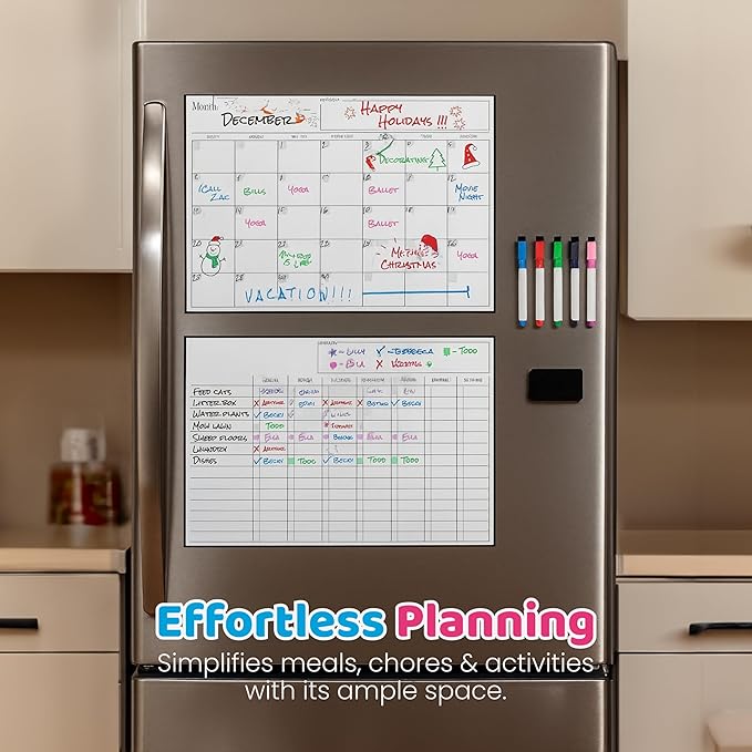 Cinch Magnetic Dry Erase Calendar & Chores Chart for Kids Bundle for Fridge: 2 Boards Included 17"x12", 6 Fine Tip Markers & Large Eraser w/Magnets, Chore Chart Magnetic Board for Kids and Adults