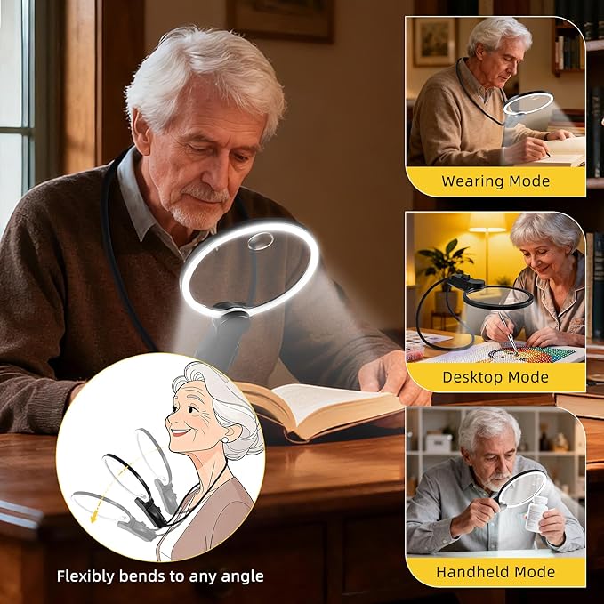 2500mAh Magnifying Glass with Light, Upgrade LCD Display Screen 5X/10X Lighted Magnifier for Seniors & Low Vision, Hands Free Magnifier for Reading, Knitting, Cross Stitch & Crafts(Black)