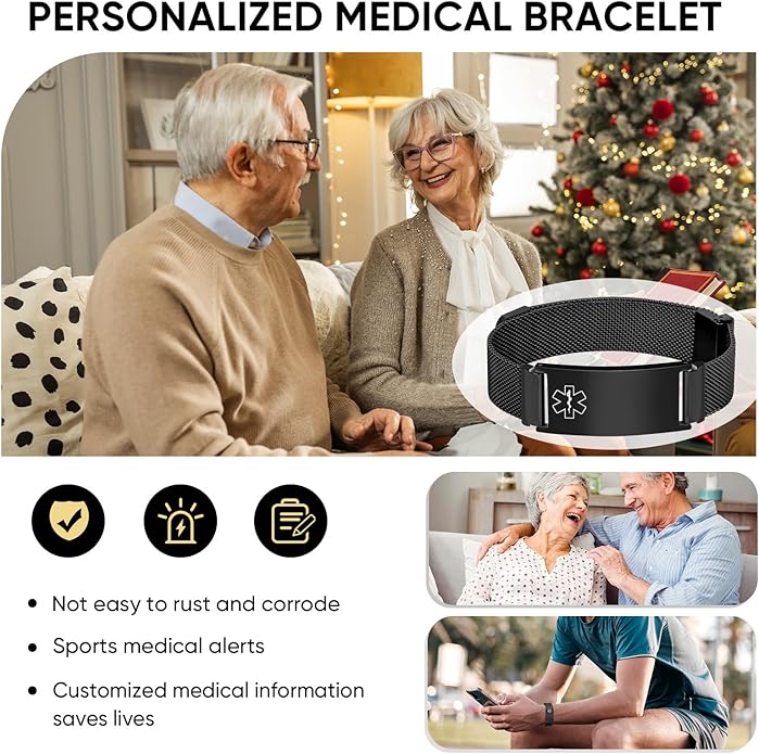 VNOX Medical Alert Id Bracelet for Men Women, Custom Engraving Adjustable Stainless Steel Customizable Mesh Emergency Survival Medic Bracelets Wristband Loop Band with Replacement Tag