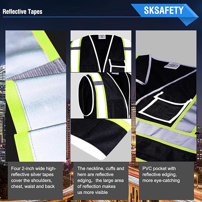 SKSAFETY 10 Pockets Safety Vest, Class 2 High Visibility Security with Zipper, Hi Vis Vest with Reflective Strips, ANSI/ISEA Standard, Construction Work Vest for Men ＆ Women （Black, 4XL）