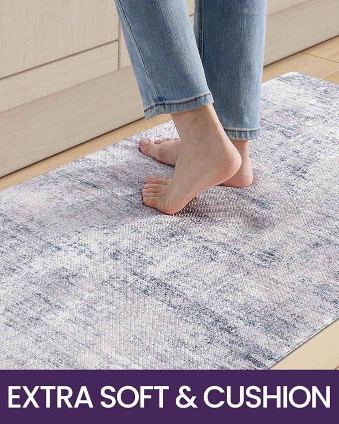 DEXI Kitchen Floor Mats Cushioned Anti Fatigue, 23x86 Long Wide Standing Comfort Runner Rug, Waterproof Retro Floral Memory Foam Padded for Front Sink Laundry, Blue