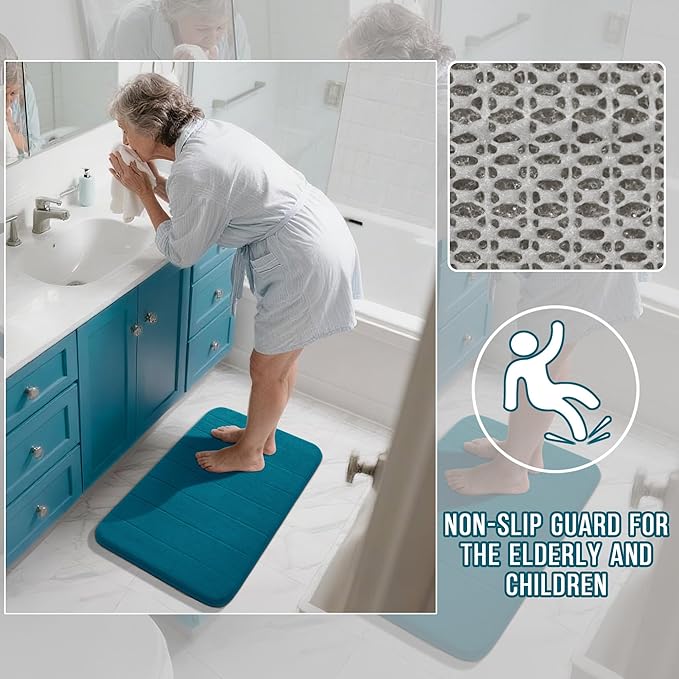 Yimobra Memory Foam Bathroom Rugs Sets 2 Piece - Super Soft Absorbent Quick Dry Bath Mat Set, Machine Washable Non Slip Floor Carpet for Tub Shower & Single Sink (17x24 & 31.5x20 Inch, Peacock Blue)