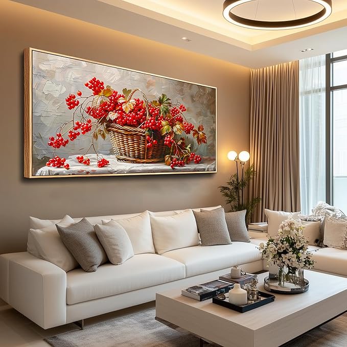PHAOHUAXM Canvas Wall Art For Living Room Restaurant Wall Decoration For Office Bedroom Bathroom Abstract Red Fruit Mural Wooden Frame Printing Picture Artworks Modern Home Decor Aesthetics 24"X48"