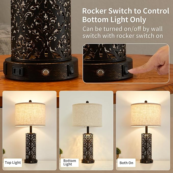 26" Set of 2 Farmhouse Table Lamp, 3-Way Dimmable Touch Control with Nightlight, 2 USB Ports + AC Outlet Vintage Rustic Bedside Lamp for Living Room Bedroom and Nightstand (Black-2 Pack)