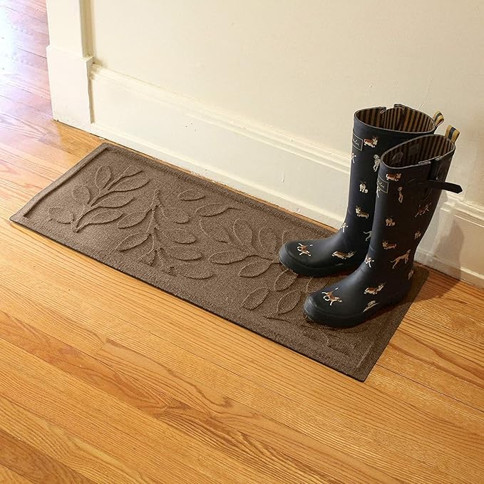 Waterhog Indoor/Outdoor Boot Tray Mat – Heavy-Duty Entrance Mat with Water Dam Technology for Mudrooms, Entryways, Patios, and Garages, Made in USA, Brittney Leaf Pattern, Camel, 15 x 36 Inches