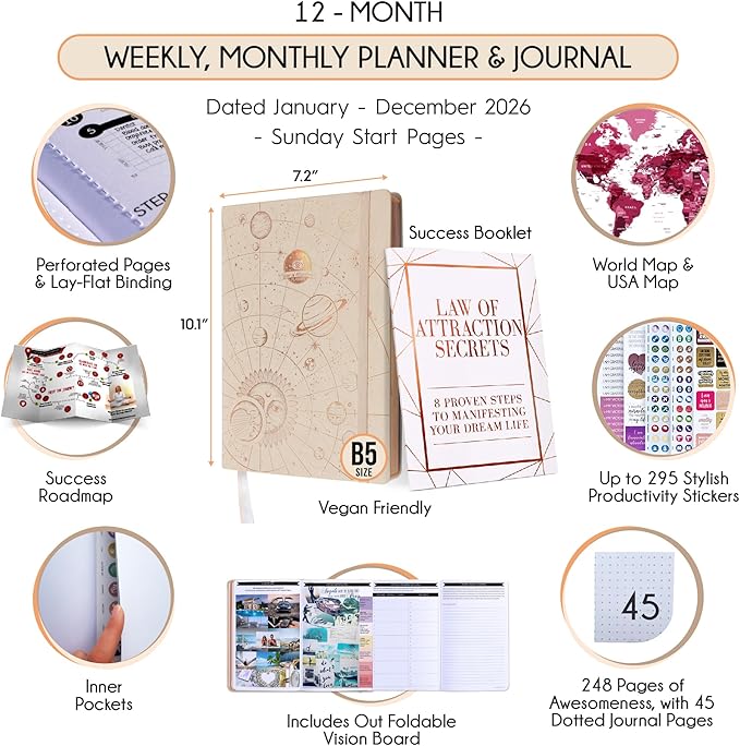 Deluxe 2026 Planner Weekly and Monthly | Law of Attraction Planner with Productivity App | 12-Month for Productivity, Gratitude & Goal Setting | Includes Foldable Vision Board, Gift Box & Stickers