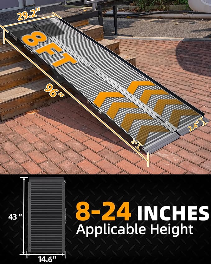 VNN Portable Wheelchair Ramp 8FT, Black Seamless Non-Slip Aluminum Ramps for Wheelchairs for Home, Handicap Wheelchair Ramps for Home Steps, Aluminum Loading Dock Plates
