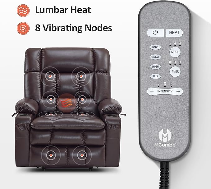MCombo Dual Motor Power Lift Recliner Chair for Elderly, Lay Flat Lift Chair with Heat and Massage, Oversized Lift Recliner for Big and Tall, Faux Leather R7891 (Dark Brown, Oversized)