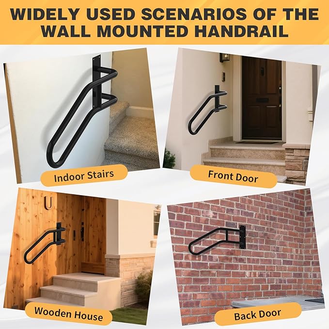 Left Side Wall Mounted handrail, Garge Door Stair Railing for 1-3 Steps(Polished Black, Left Side, 230LBs Loading)