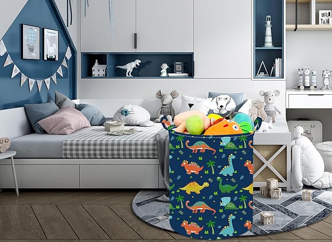 19.7 Inch Round Dinosaur Laundry Clothes Hamper Laundry Basket with Handles,Storage Organizer Bins Laundry Gift Basket for Room, Bedroom Decor