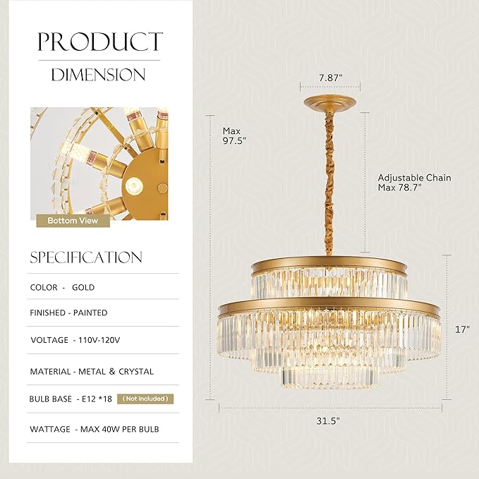 31.5" 18-Light Modern Crystal Chandelier Light Fixture Large 4-Tier Gold Luxury Glam Chandeliers for Dining Room Round Hanging Pendant Lighting for Living Room Kitchen Bedroom Foyer Lobby