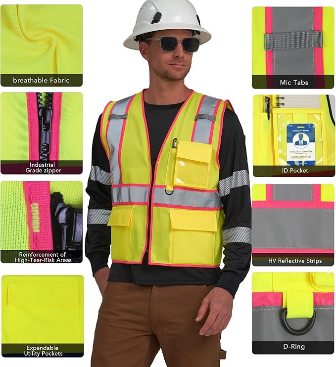 AYKRM High Visibility Safety Vest - Reflective Work Vest with 5 Reinforced Pockets