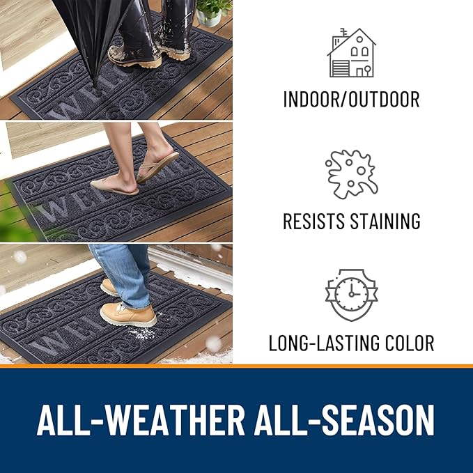 OLANLY Welcome Door Mat Indoor Outdoor Entrance, Heavy Duty Sturdy Front Door Mat, Waterproof All-Weather Doormat, Stain Resistant, Low Profile, Easy Clean Patio Entryway Mat, 47 x 32, Medium Grey