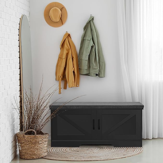 2-Tier Storage Bench, 39.4" Wide Shoe Bench with Padded Seat Cushion, Entryway Bench with 2 Barn Doors and Adjustable Shelf, Black