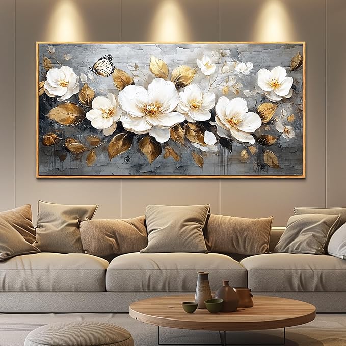 FUHAIHUA Wood Framed Canvas Wall Art For Living Room Large Wall Decor For Office Bedroom Decoration White Flower Pictures Farmhouse Painting Artwork Room Wall Mural Aesthetic Home Decor 30x60