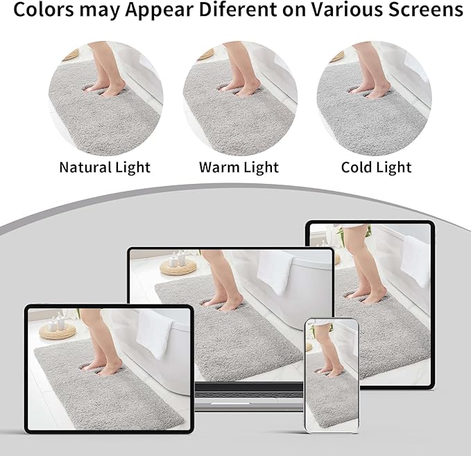 Gray Bathroom Rug 24x36 Non Slip Fluffy Bath Mat for Bathroom Floor Washable Plush Luxury Bath Rug for Tub Soft Shaggy Absorbent Shower Sink Mat