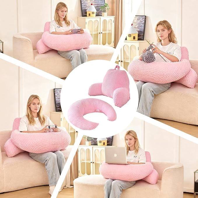 Reading Pillow for Bed,U Shaped & Back Support Pillow for Bed,17" Backrest with Lumbar & Arm Support,Comfy Flannel Fabric,Lap Pillow for Gaming/Reading/Watching TV,Pink