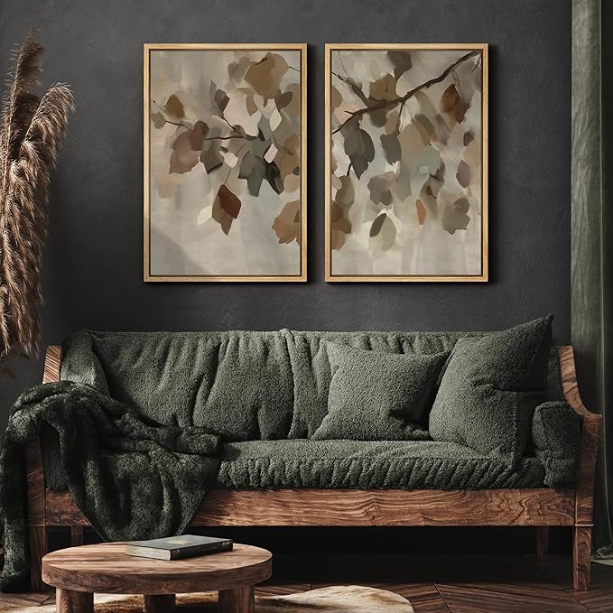 MUDECOR Framed Canvas Print Wall Art Set Abstract Leaf Branch Minimalist Nature-Inspired Beige and Brown Calm for Living Room, Bedroom, Office - 16"x24"x2