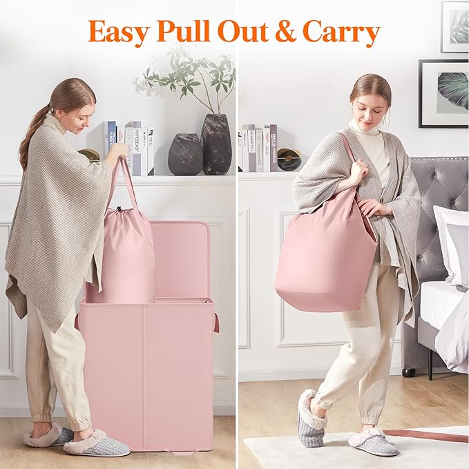 Lifewit Double Laundry Hamper with Lid and Removable Laundry Bags, Large Collapsible 2 Dividers Dirty Clothes Basket with Handles for Bedroom, Laundry Room, Closet, Bathroom, College, 136L Pink