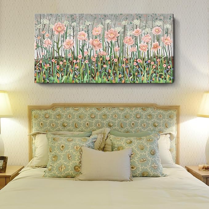 amatop Extra Large Modern Floral Canvas Print: Abstract Pink and Green Wildflowers, Stretched Ready-to-Hang Wall Art for Living Room, Bedroom, or Office (58x29 in)