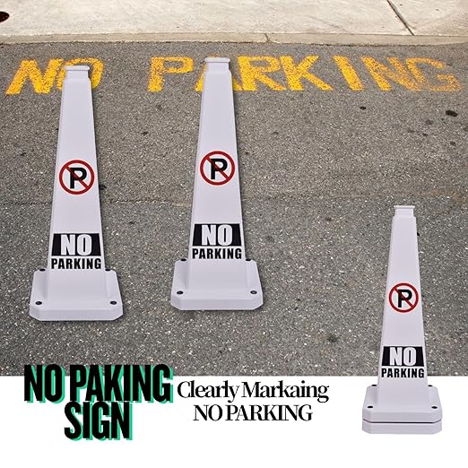 BESEA No Parking Cone 3 Pack, 28" No Parking Sign Cone with Weighted Base, White 4-Sided “ NO Parking” Warning Cone for Driveways Business Parking Lots Garages Indoor/Outdoor