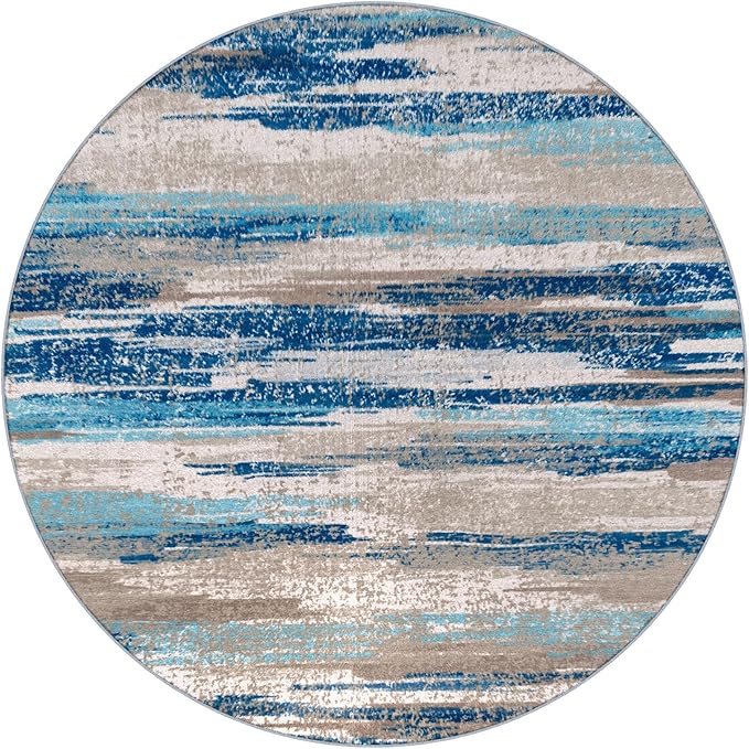 Modern Abstract Round Rug 6Ft, Blue Round Rug Washable Non-Slip Soft Small Circle Rug, Circular Dining Room Rugs Thin Print Faux Wool Carpet for Bedroom Living Room Office Playroom