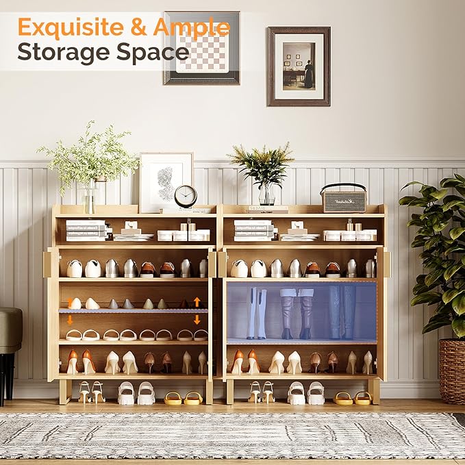 VINGLI Fluted Shoe Cabinet with Drawer and Doors, Wooden Entryway Shoe Storage Cabinet with Adjustable Shelves, Modern Tall Shoe Organizer with Gold Metal Legs for Hallway, Living Room, Bedroom, (Oak)