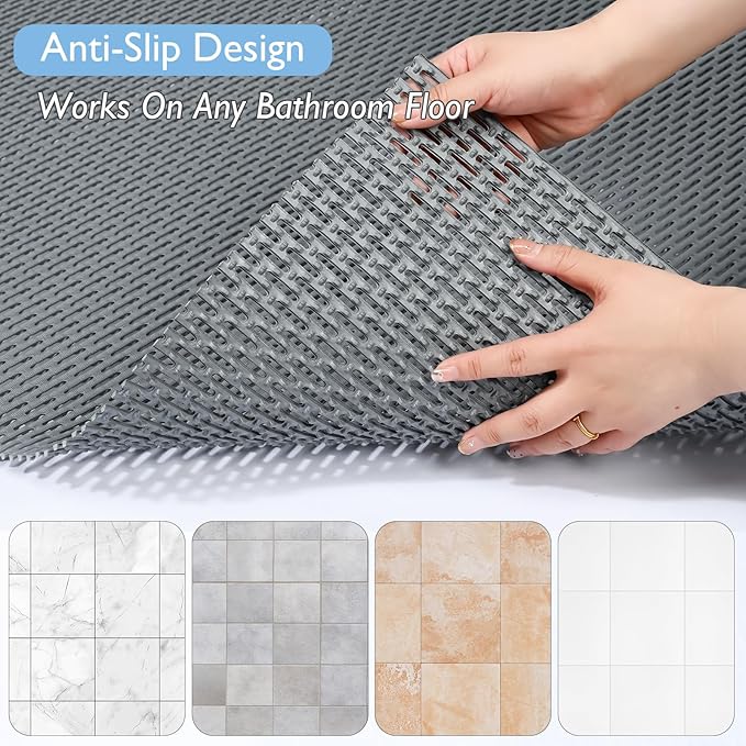 Extra Large Non-Slip Shower Mat, Fast-Dry PVC Bath Stall Tub Mat, Drain-Hole Design for Shower Stall Tub for Elderly/Kids, Non Slip Bath Mat Bathroom Safety Accessory, Gray 24"x16"